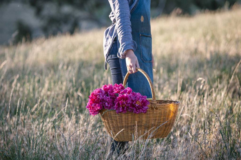 Girl holding bucket of pink blooms